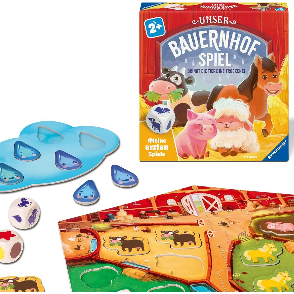 Brettspiel mit Bauernhoftieren und Regentropfen-Elementen. Ein Würfel und Spielbrett sind sichtbar.