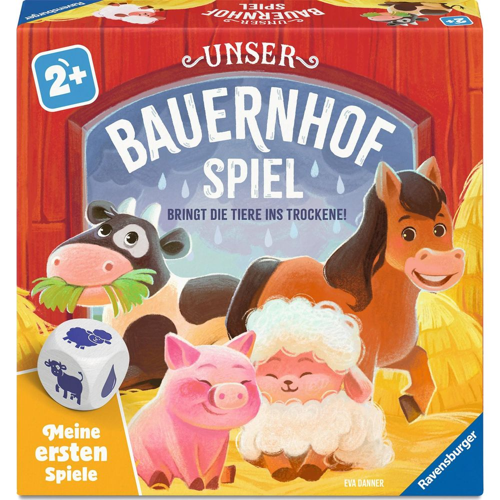 Brettspiel-Box mit niedlichen Bauernhoftieren: Kuh, Pferd, Schwein und Schaf.