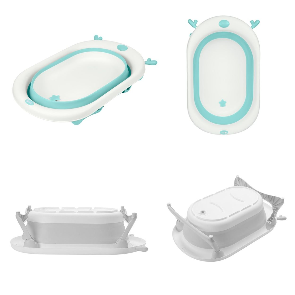 Ein faltbarer Babybadewanne in Weiß und Türkis, in verschiedenen Ansichten.