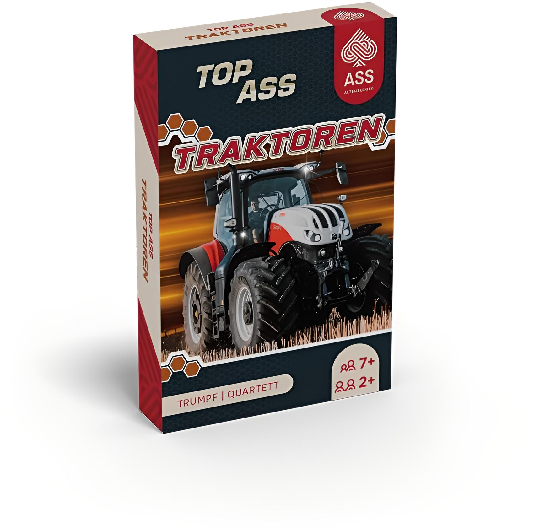 Verpackung eines Traktoren-Quartettspiels mit einem roten und weißen Traktor.
