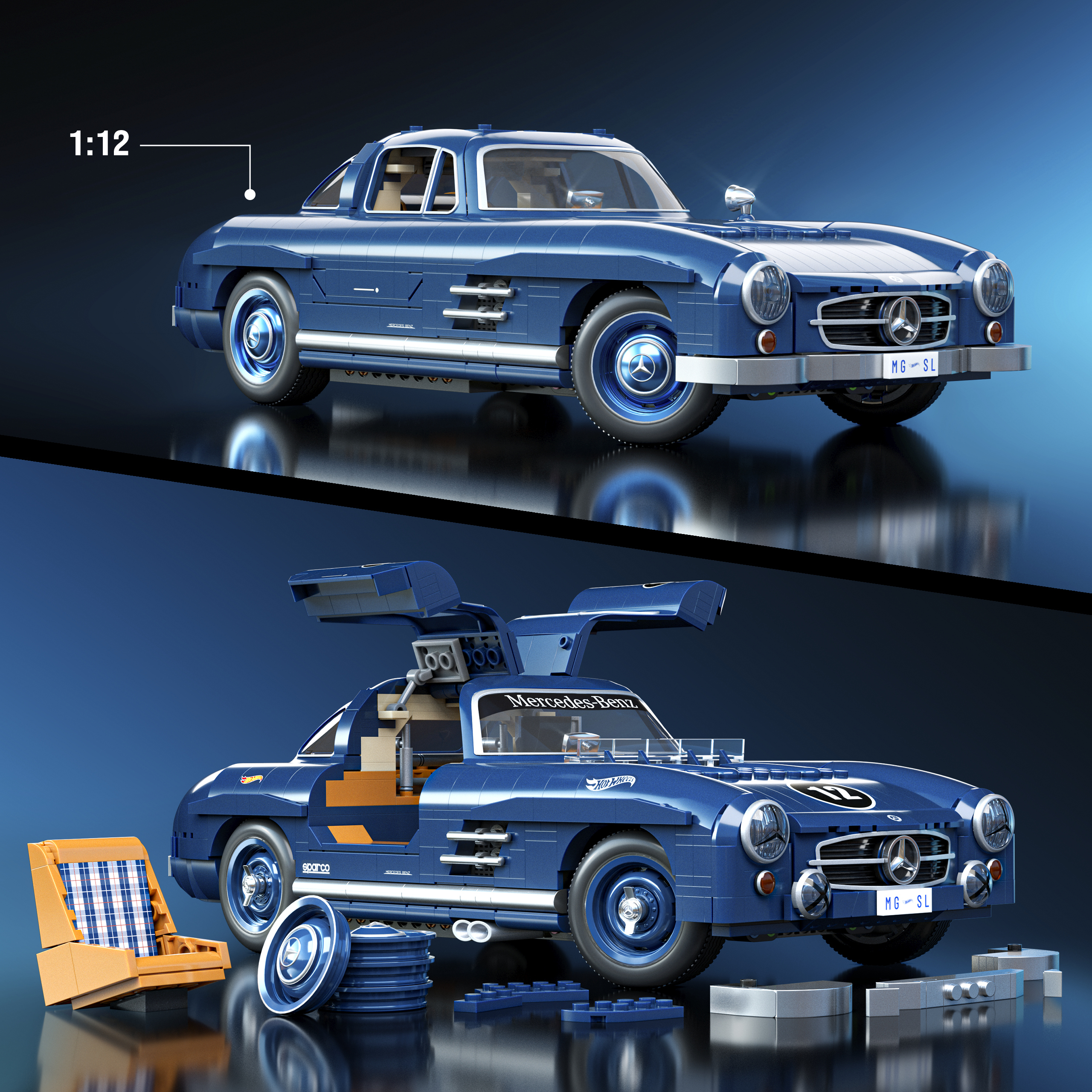 Un Mercedes Lego azul con puertas de ala de gaviota, asientos y ruedas al lado.