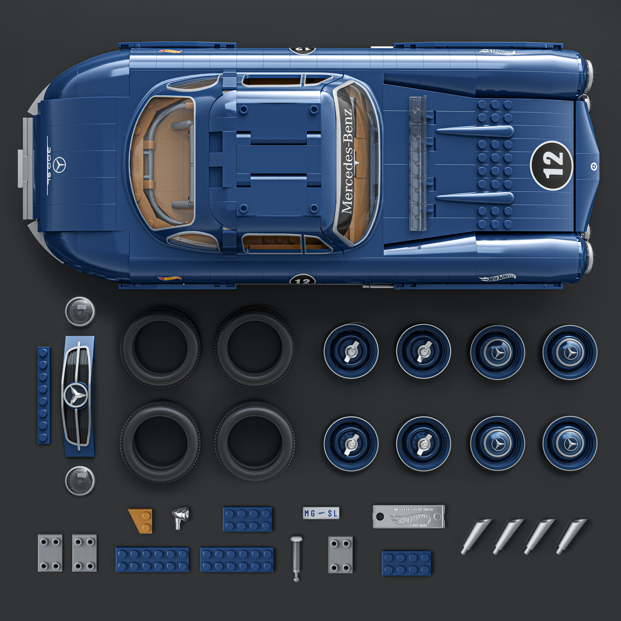 Mercedes 300 SL azul de Lego con ruedas y piezas sobre fondo gris.