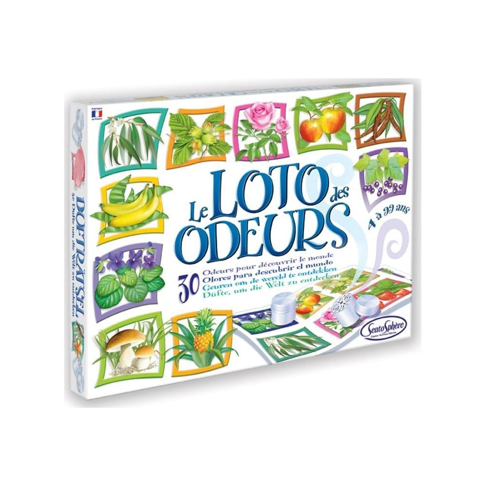 Brettspiel-Box mit Bildern von Früchten, Blumen und Pilzen. Titel: Le Loto des Odeurs.