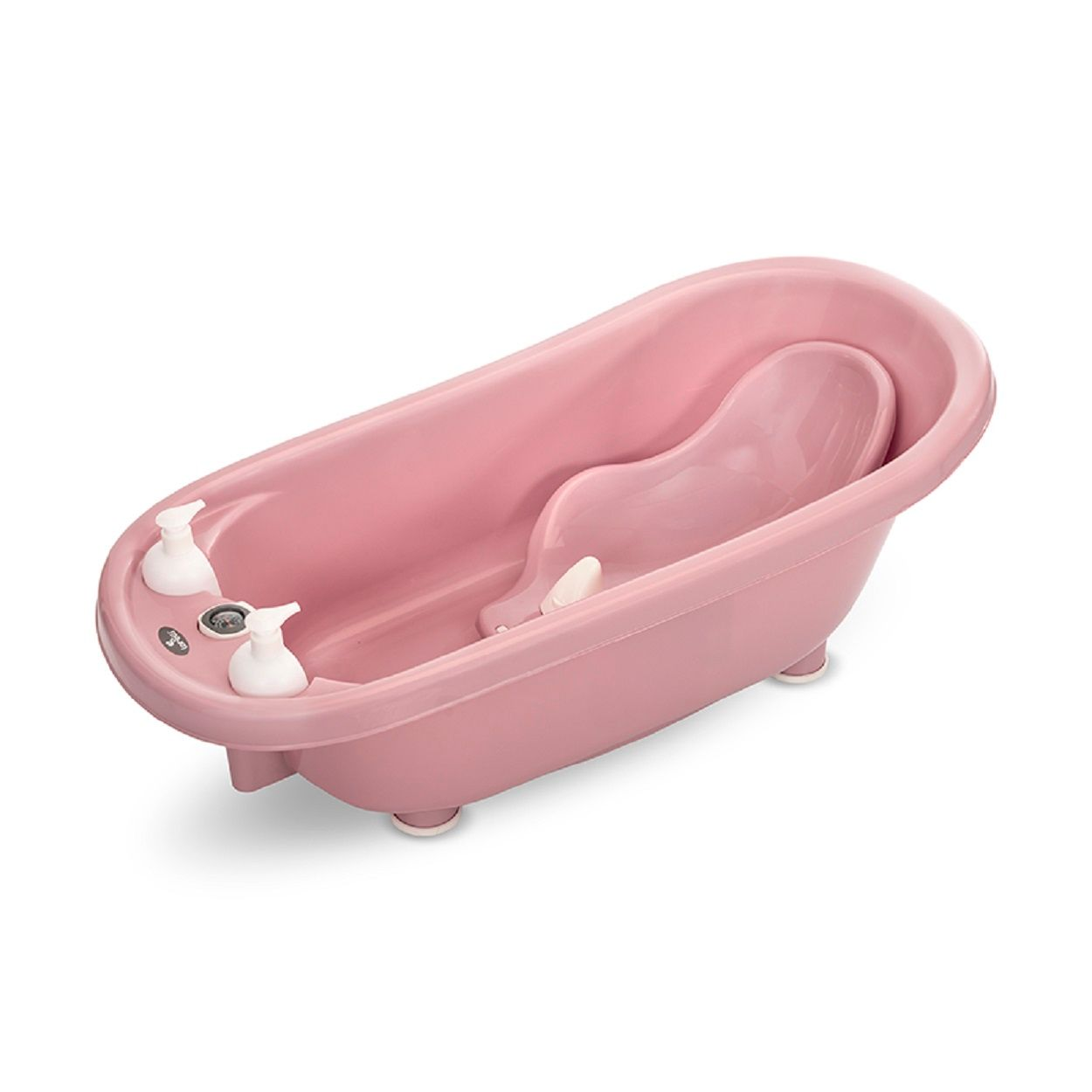 Eine rosafarbene Babybadewanne mit zwei Seifenspendern und einer integrierten Stütze.