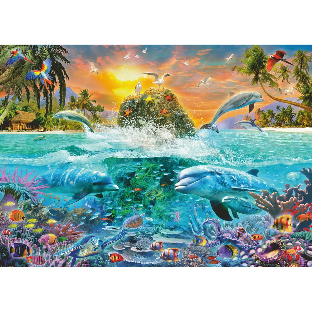 Des dauphins sautent hors de l'eau près d'une île tropicale avec des perroquets et des mouettes.