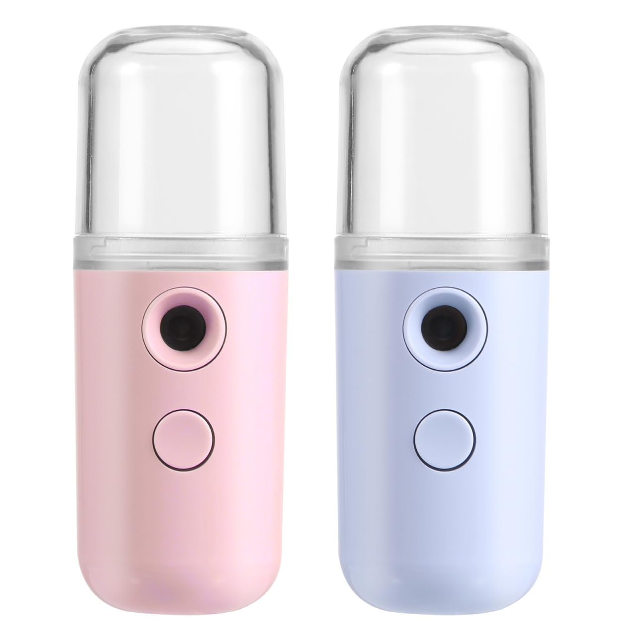 Zwei kleine Sprühgeräte, eins rosa, eins lavendel, mit transparentem Deckel.