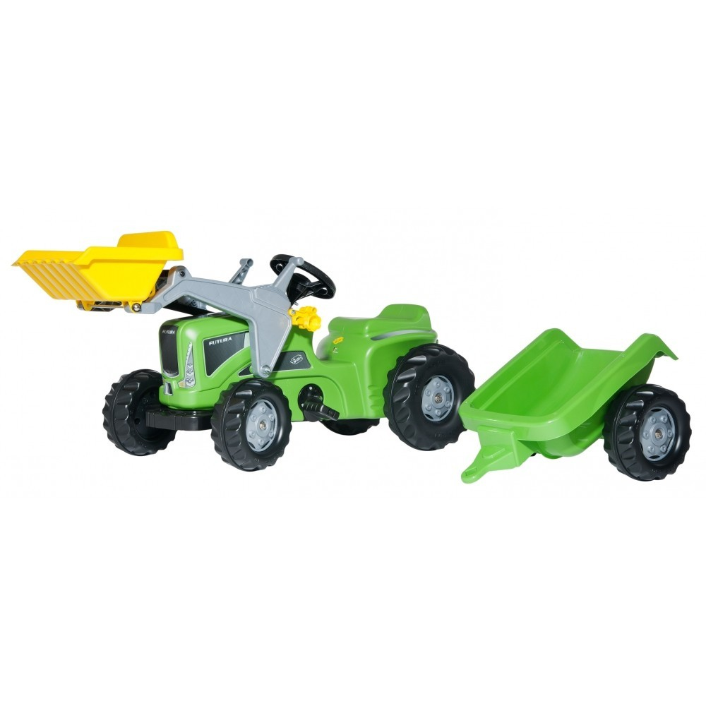 Ein grüner Spielzeugtraktor mit gelber Ladeschaufel und grünem Anhänger.