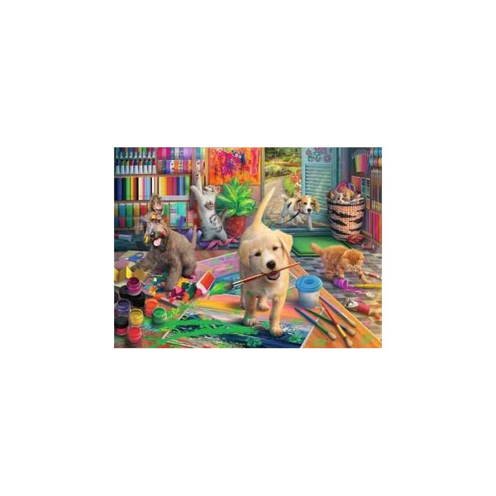 Cuccioli e cani dipingono in un colorato studio con colori e tele.