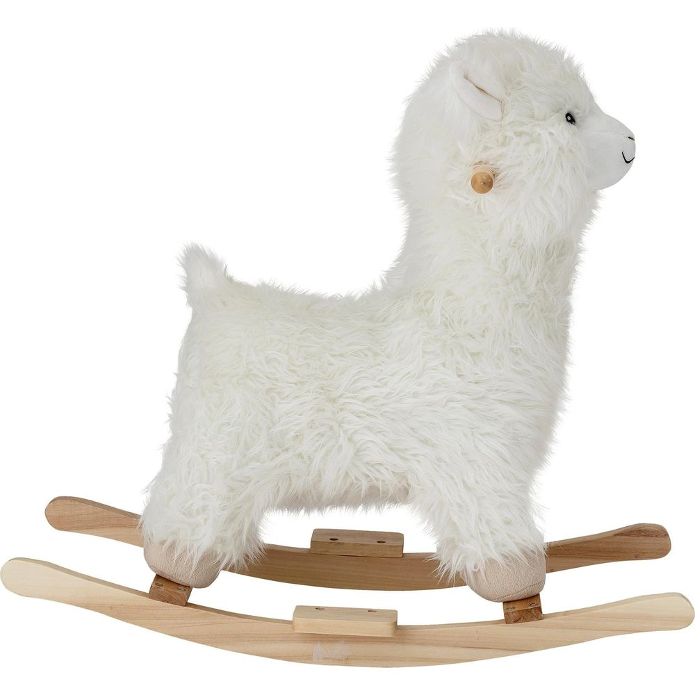 Ein weißes Plüsch-Schaukeltier Lama mit Holzkufe und Griff.