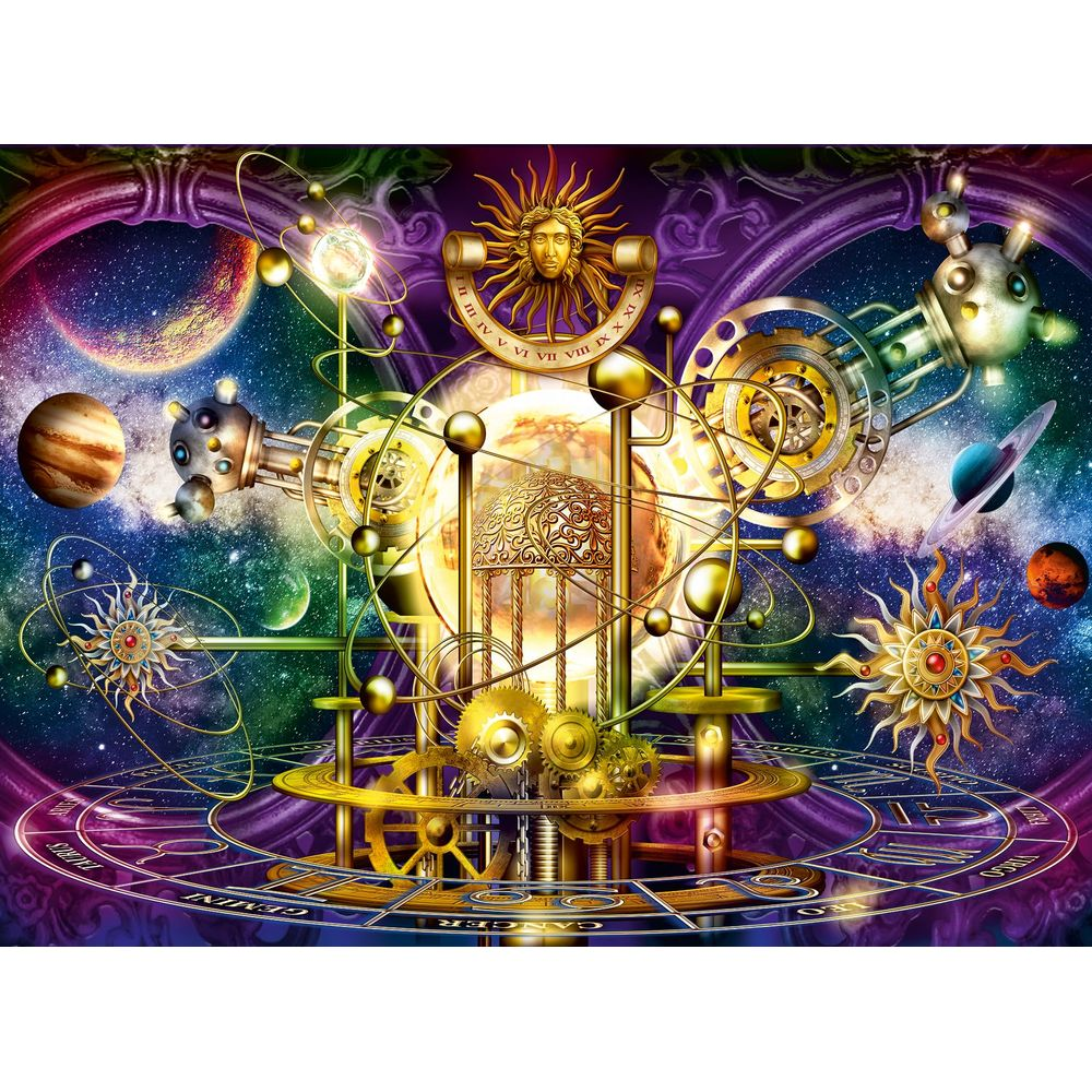 Un universo steampunk con pianeti, ingranaggi e segni zodiacali.