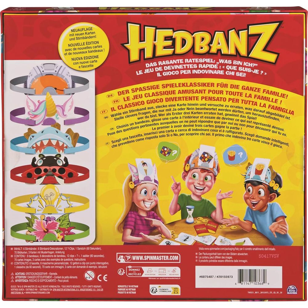 Scatola del gioco Hedbanz con bambini che indossano fasce con carte.