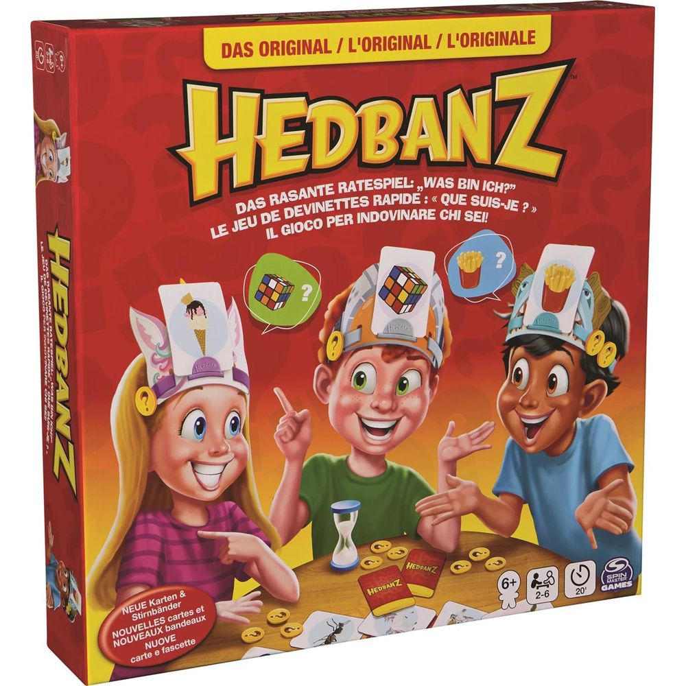 Scatola del gioco da tavolo con tre bambini sorridenti con cerchietti e carte.
