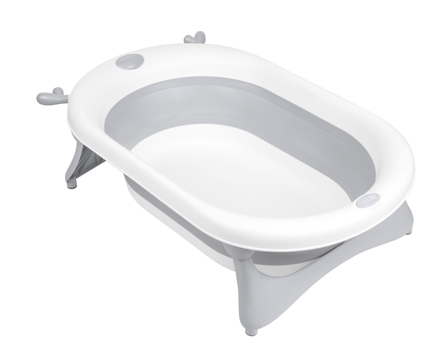 Eine faltbare weiße und graue Babybadewanne mit Füßen.