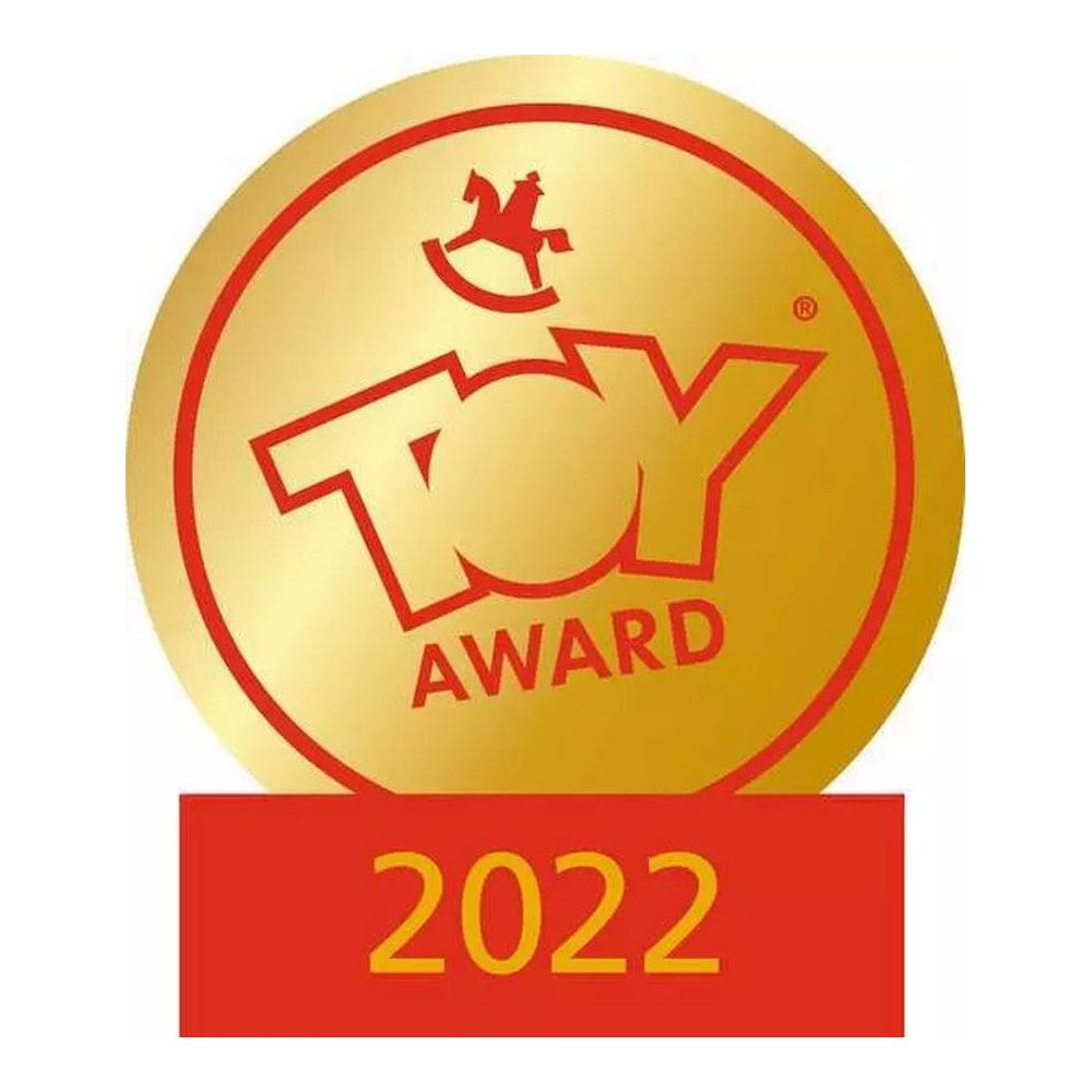 Badge circulaire doré à bordure rouge, 'TOY AWARD' et '2022'.