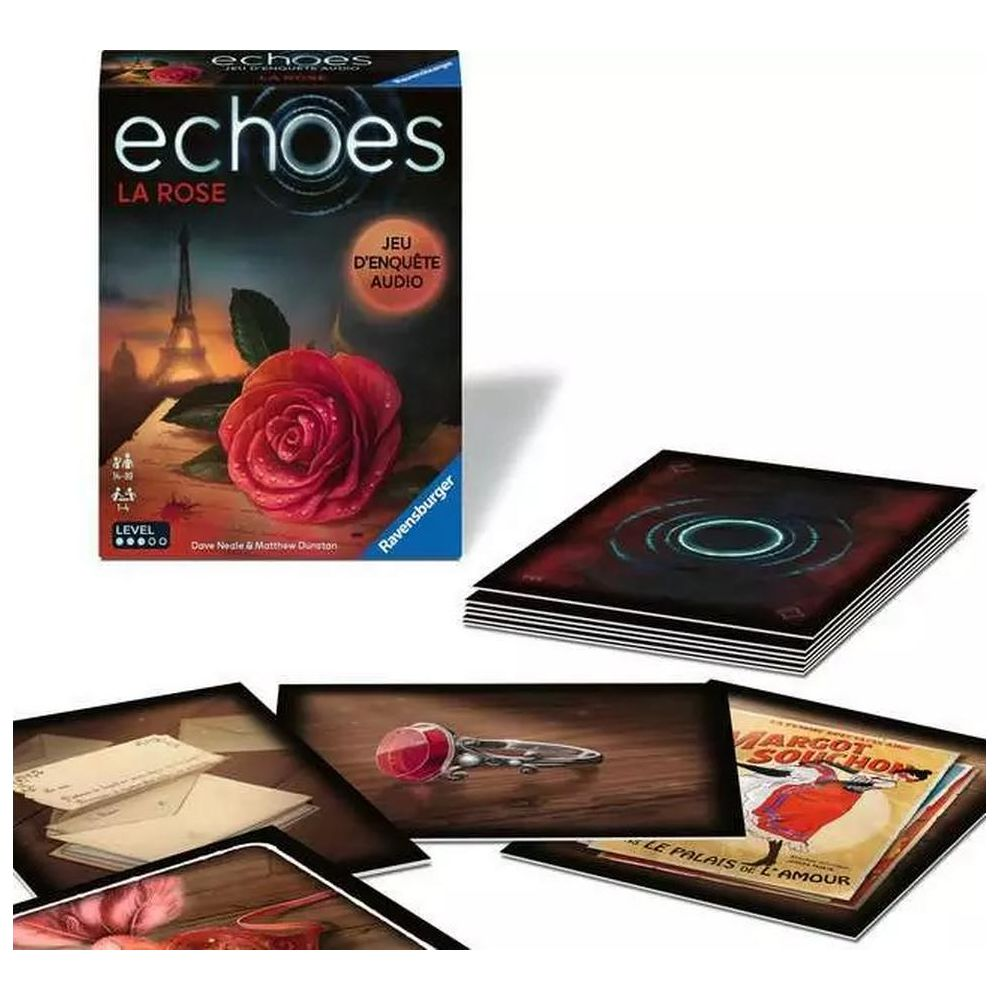 Boîte de jeu 'Echoes: La Rose' avec cartes et indices.