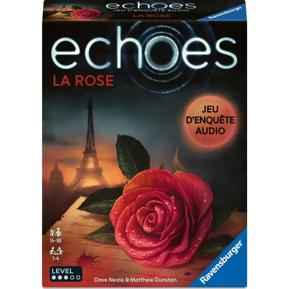 Boîte de jeu avec une rose rouge et la Tour Eiffel en arrière-plan.