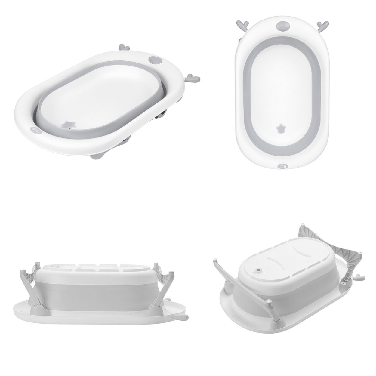 Ein weißer, faltbarer Babybadewanne mit grauen Akzenten und niedlichen Ohren.