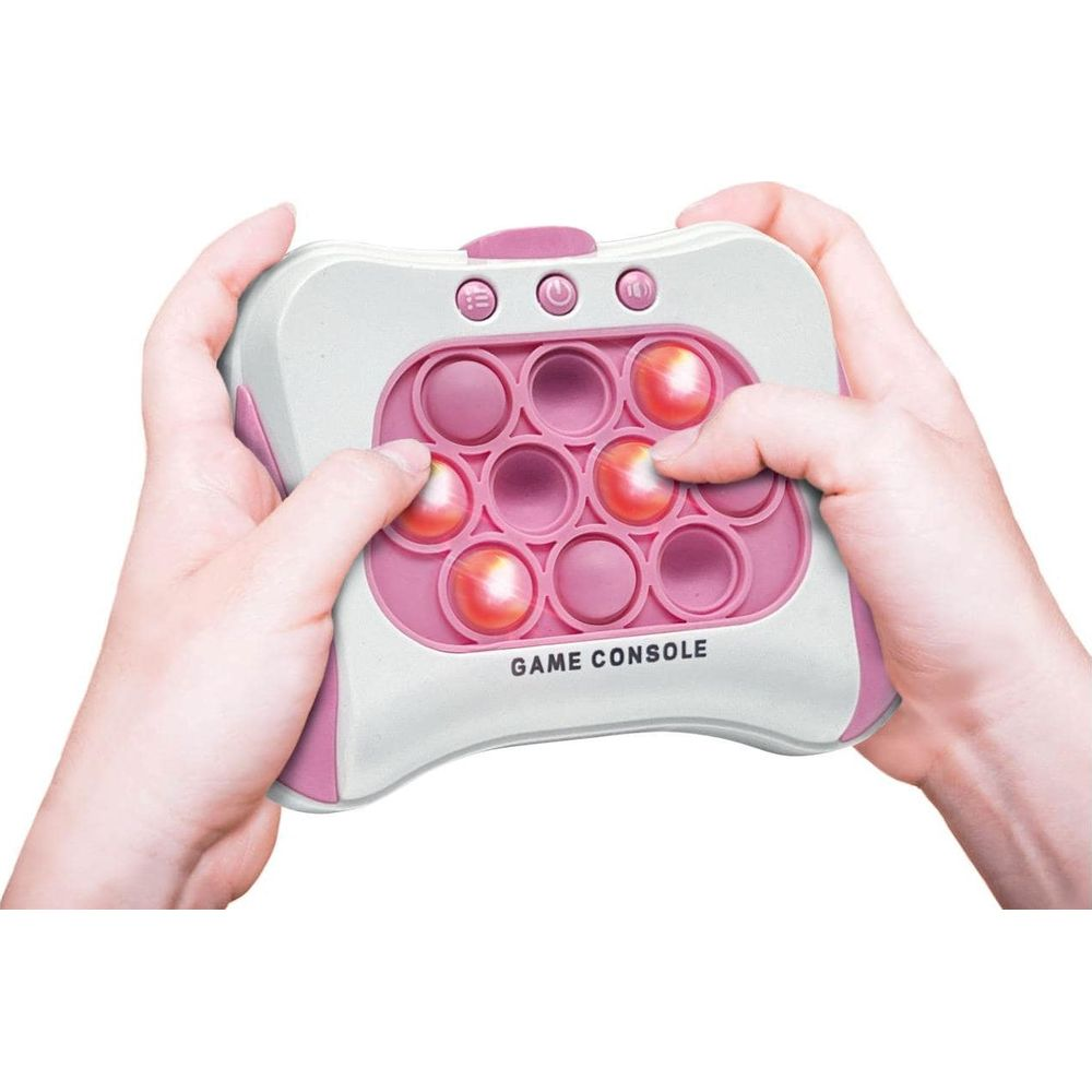 Una console di gioco bianca e rosa con bolle pop-it tenuta dalle mani.