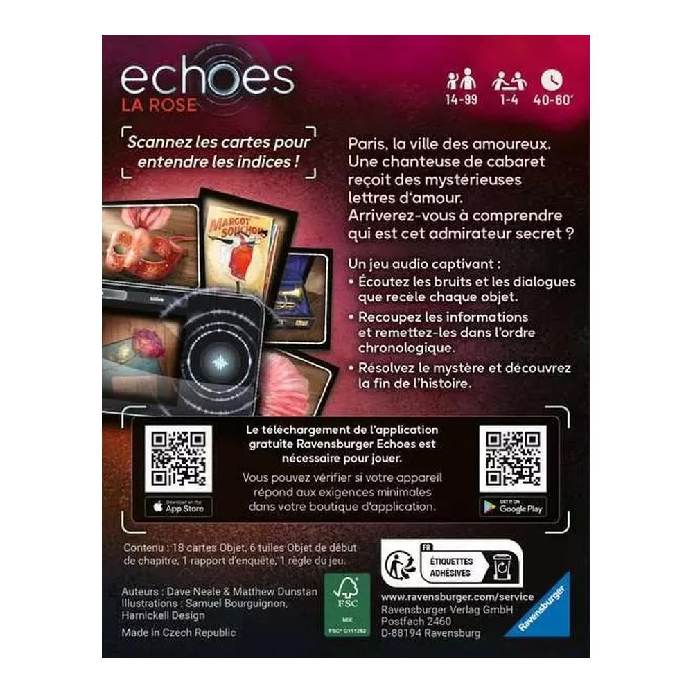 Jeu "Echoes La Rose" : Masques, carte, pièces, codes QR, texte, logo.