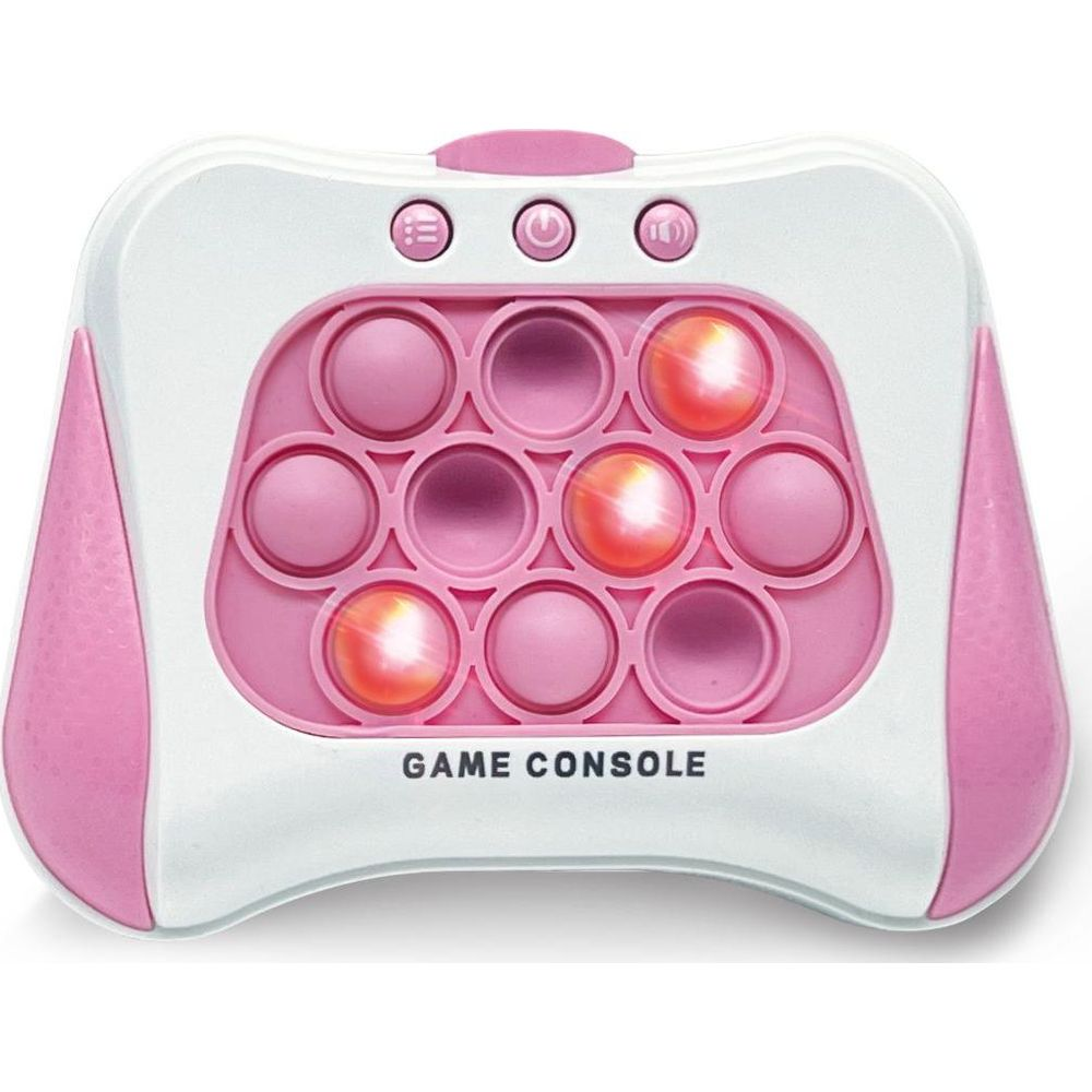 Un controller per console rosa e bianco con pulsanti luminosi.
