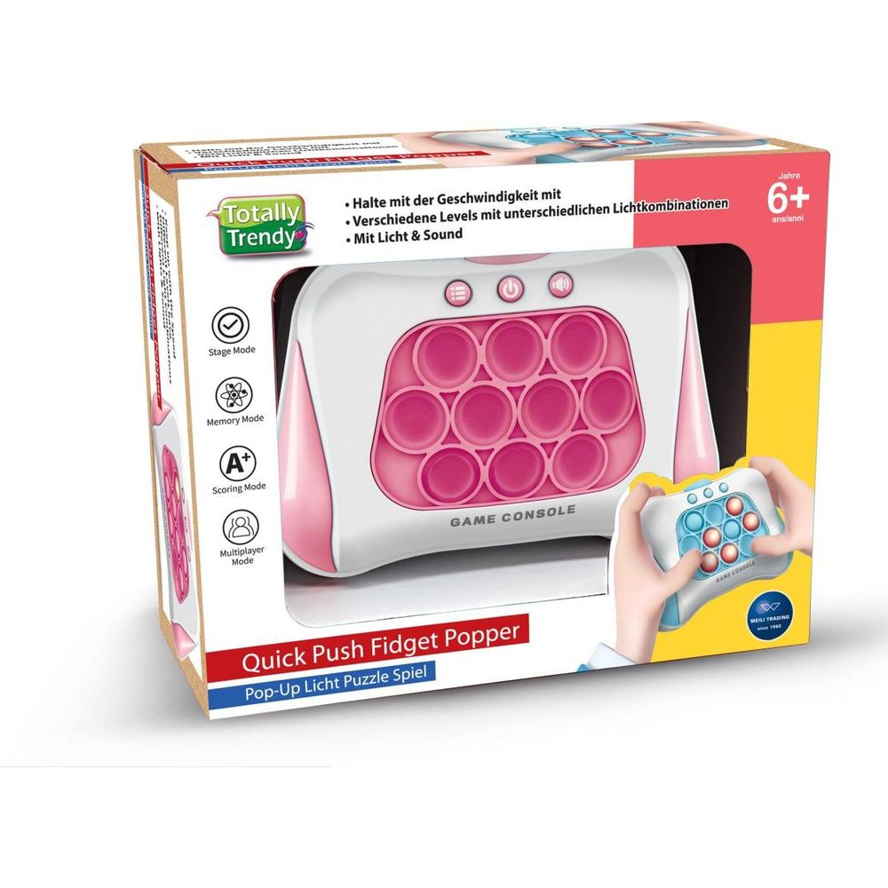Confezione di un giocattolo rosa e bianco con bolle pop-it, per età 6+.
