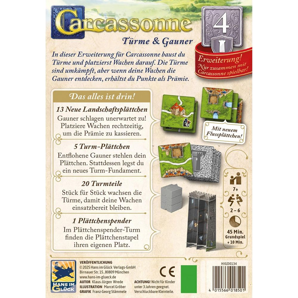 Spielbrett für Carcassonne: Türme & Gauner mit Spielkomponenten. Enthält 13 Plättchen, 5 Turm-Plättchen, 20 Turmteile.