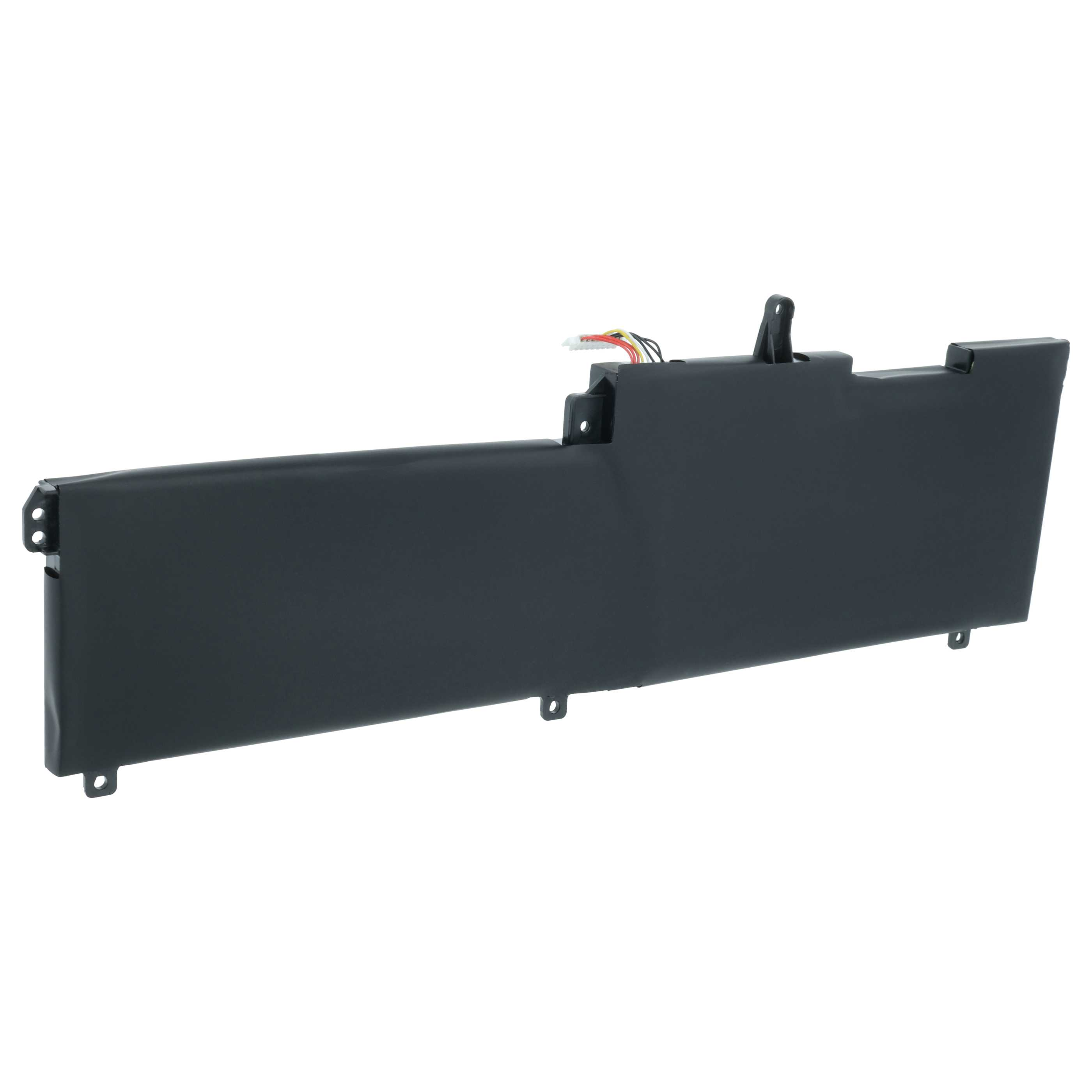 Schwarzer Laptop-Akku mit Kabeln und Anschlüssen, flache Bauform.