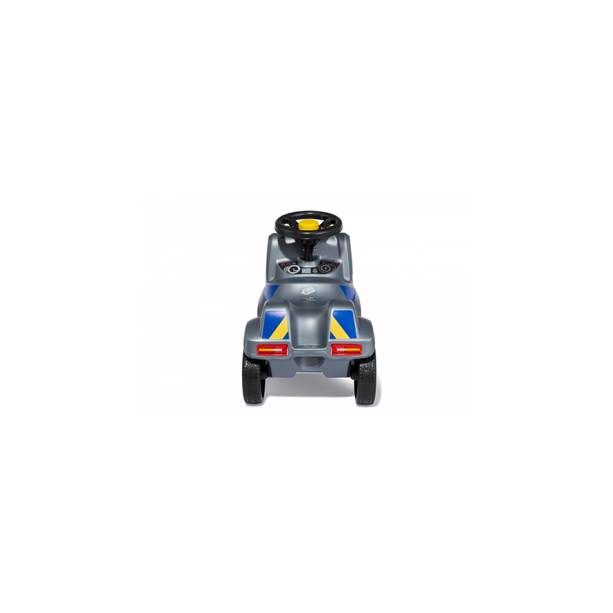 Graues Kinderfahrzeug mit gelbem Lenkrad und blauen Akzenten.