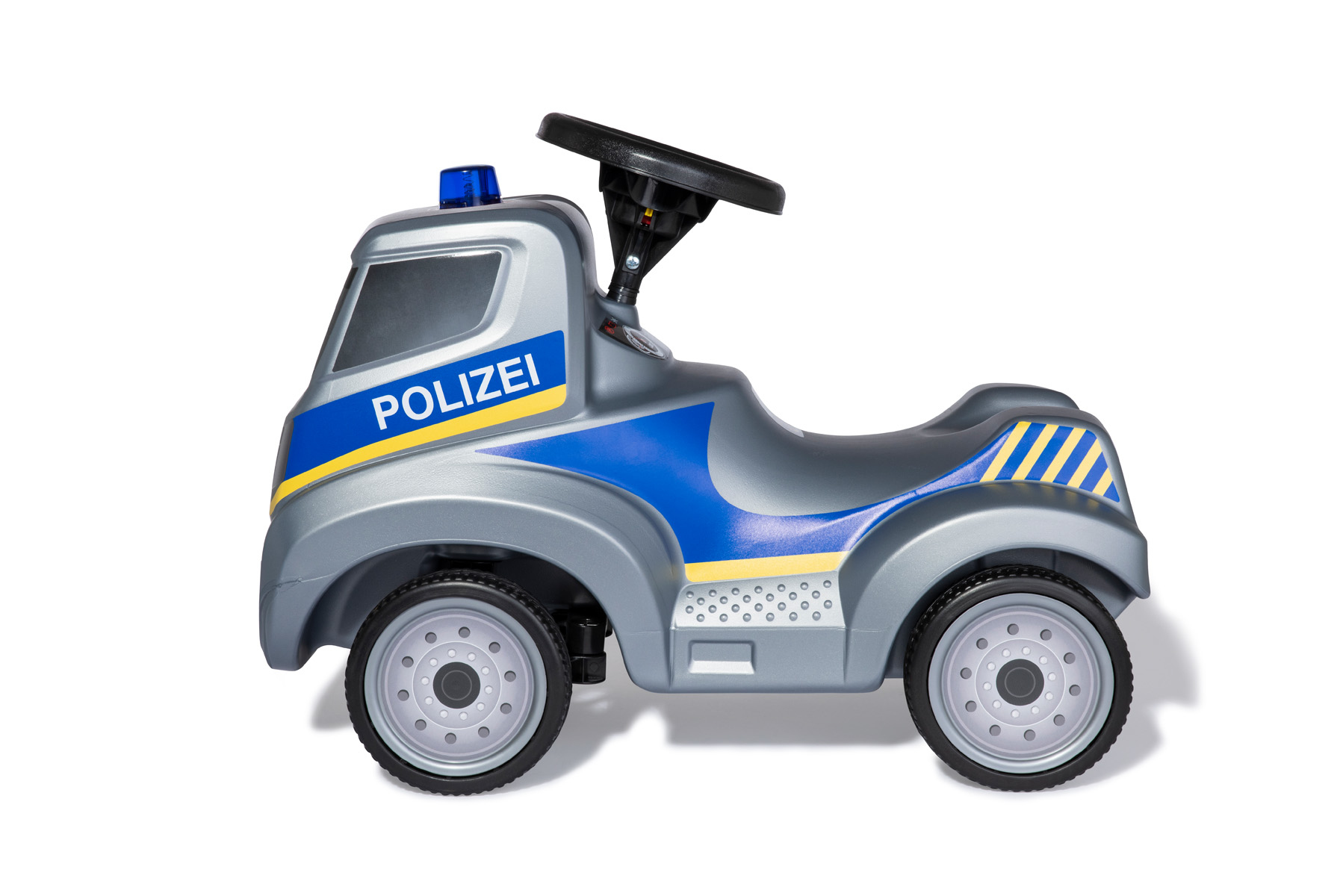 Graues Spielzeug-Polizeiauto mit blauem Blaulicht und "Polizei"-Schriftzug.