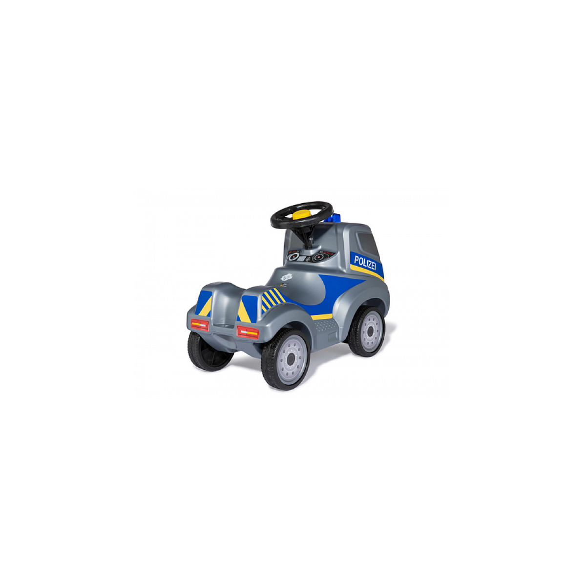 Graues Spielzeug-Polizeiauto mit blau-gelben Akzenten und Lenkrad.