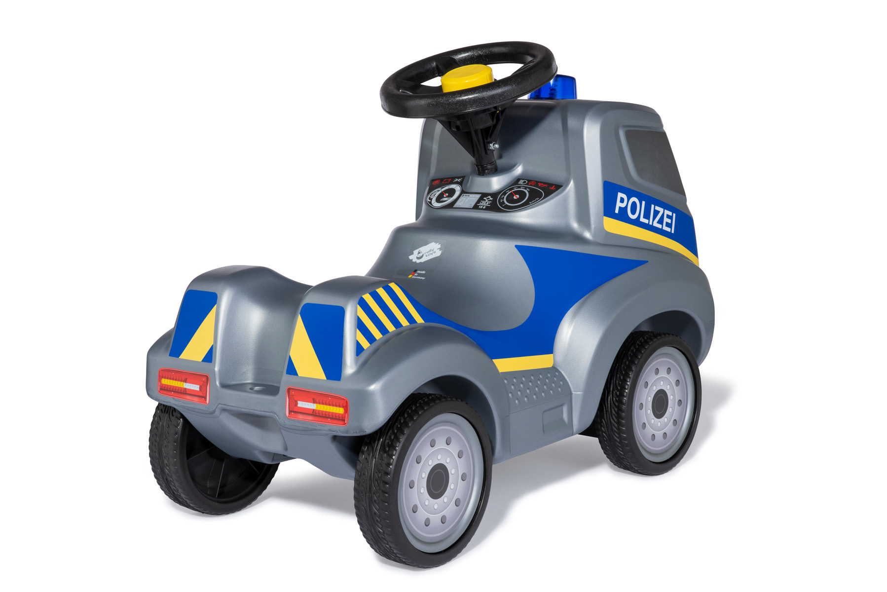 Graues Polizei-Spielzeugauto mit blauen und gelben Streifen und "Polizei"-Aufschrift.