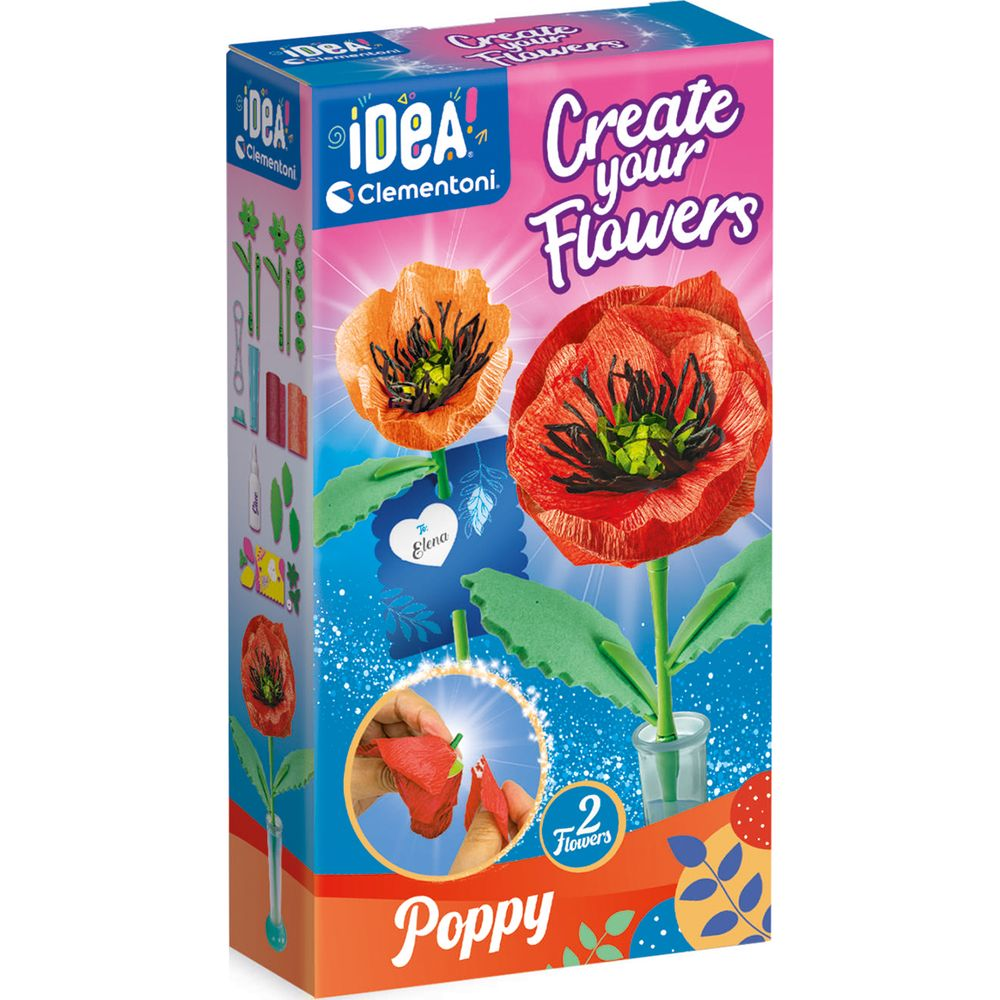 Scatola di un kit creativo per creare papaveri, con due fiori rossi e arancioni.