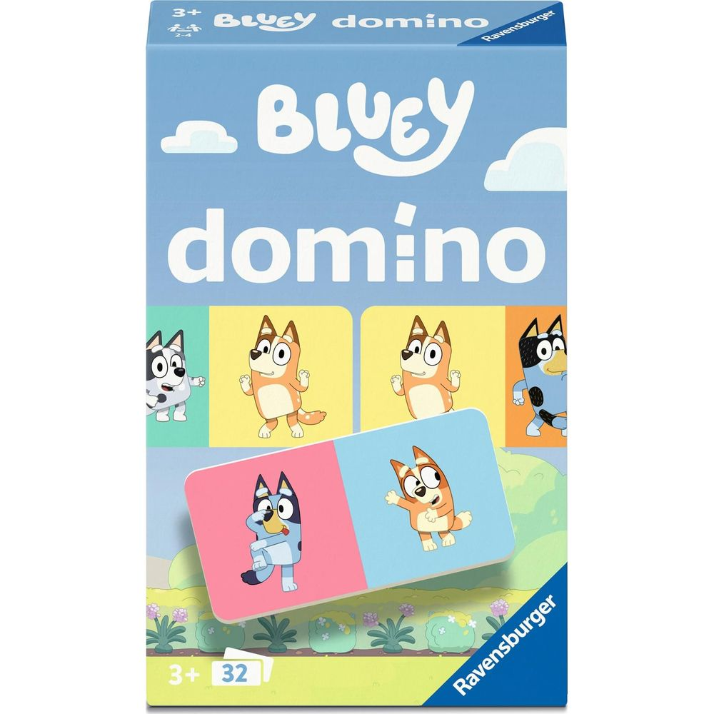 Boîte de dominos Bluey avec les personnages Bluey, Bingo et Bandit.