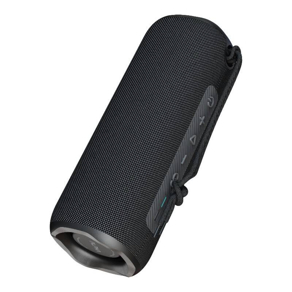 Schwarzer, zylindrischer Bluetooth-Lautsprecher mit seitlichen Tasten und Kordel.