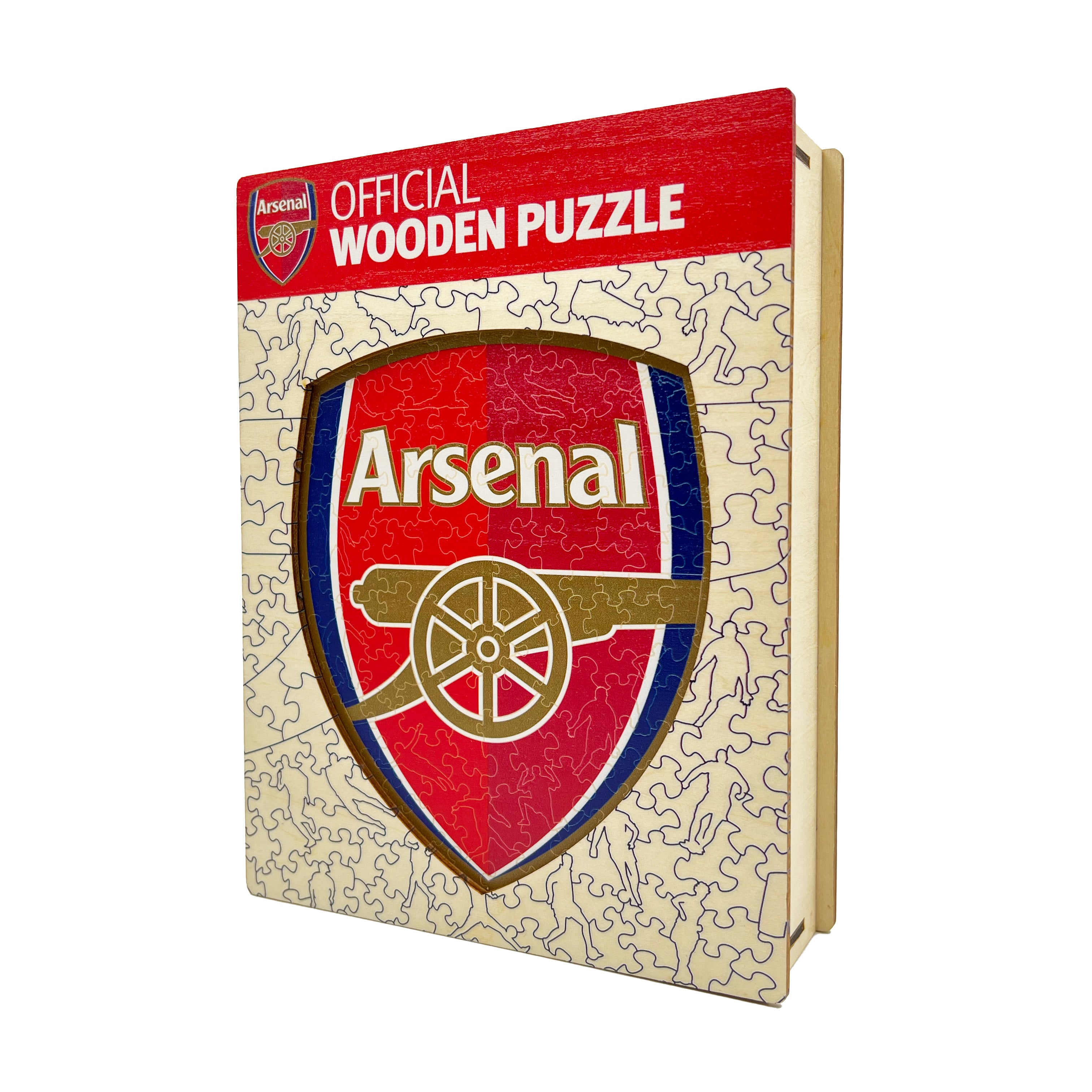 Arsenal Holzpuzzle mit Vereinswappen und Kanone auf rotem Hintergrund.