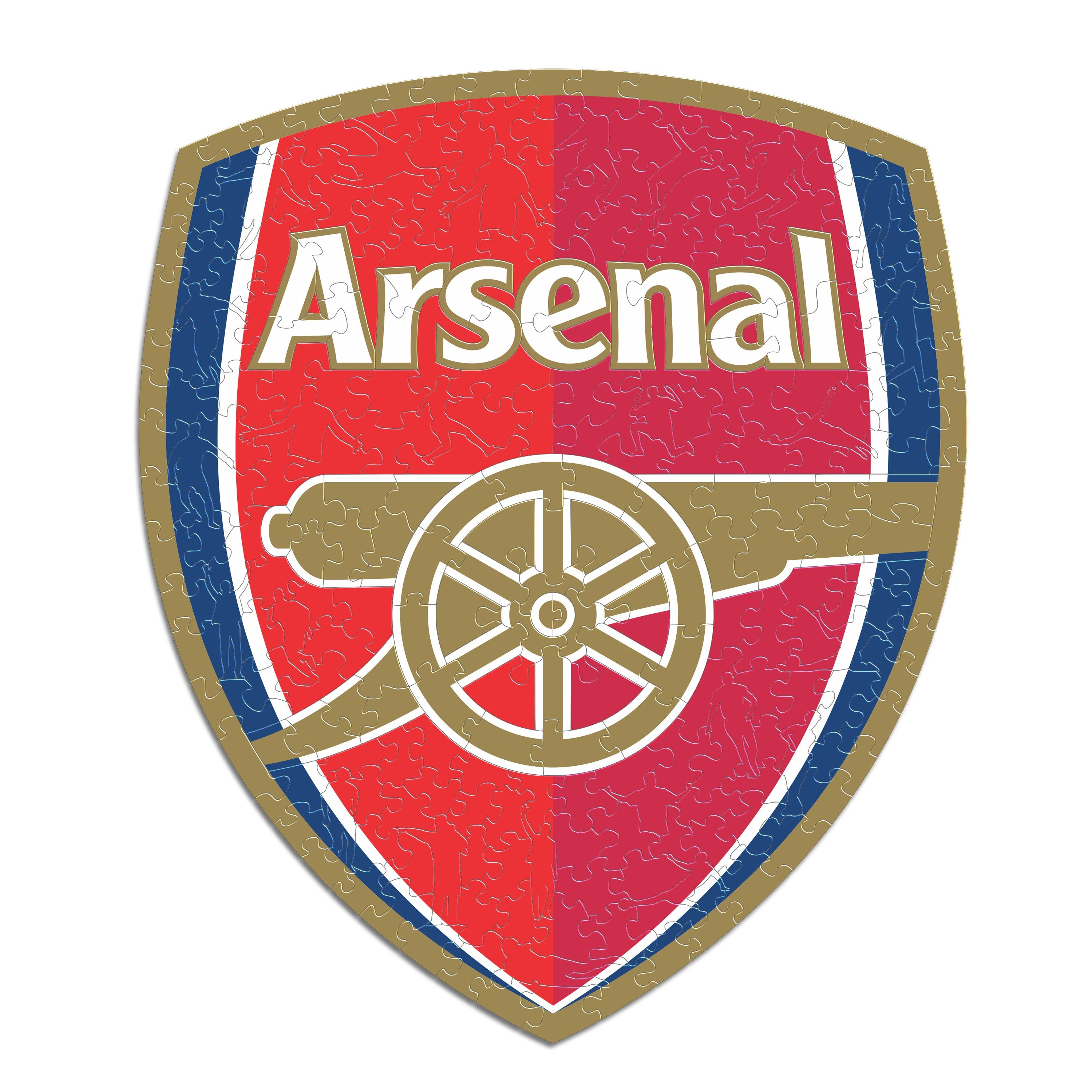 Arsenal-Logo als Puzzle mit Kanone und Fußballer-Silhouetten.