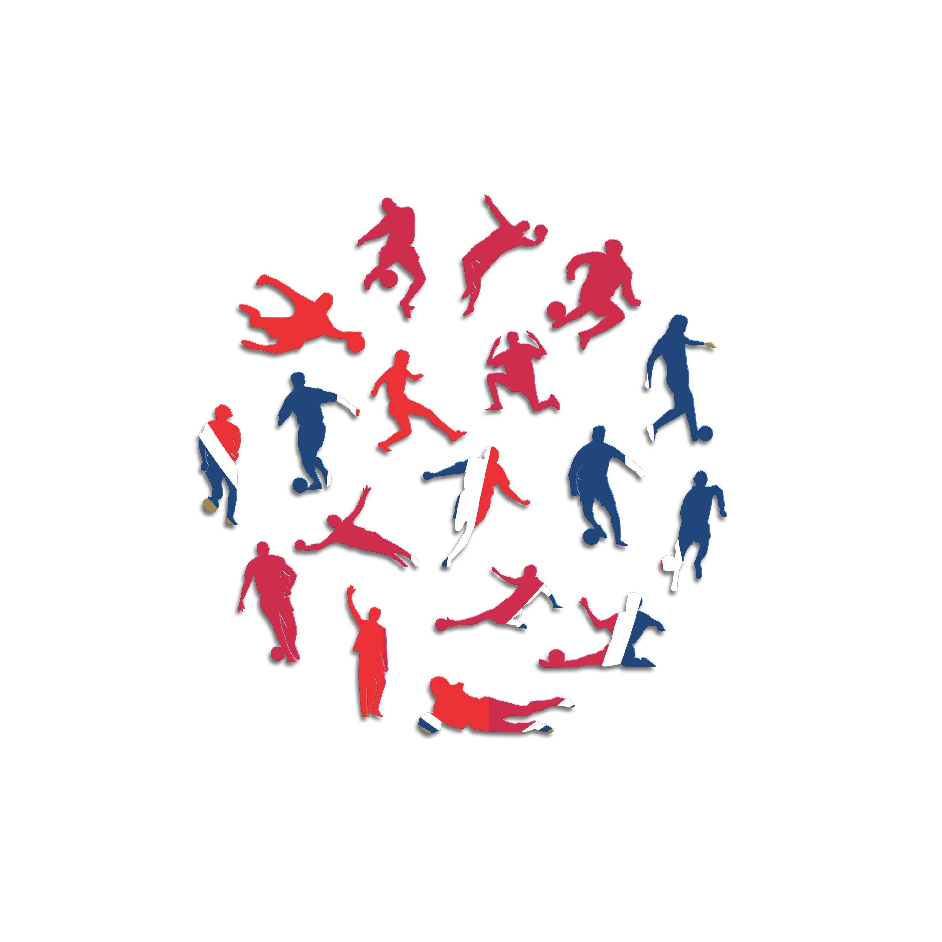Silhouetten von Fußballspielern in Rot und Blau, die sich in einem Kreis bewegen.