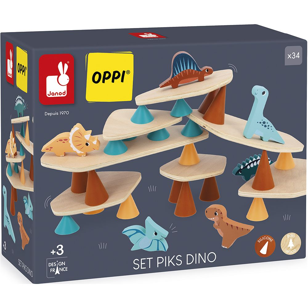 Blocchi di dinosauri in legno con supporti colorati che formano una struttura di equilibrio.