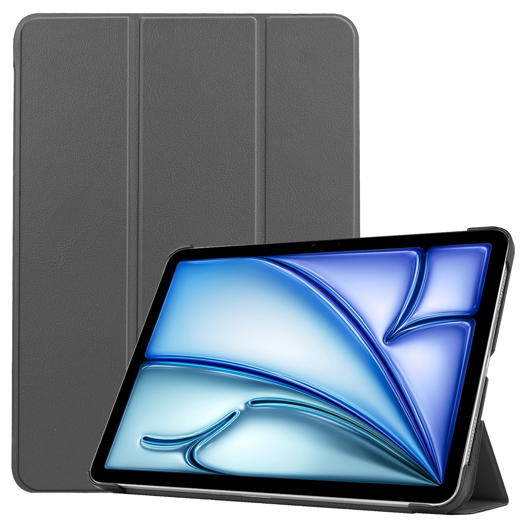Ein graues Tablet mit einer Schutzhülle, die als Ständer dient.