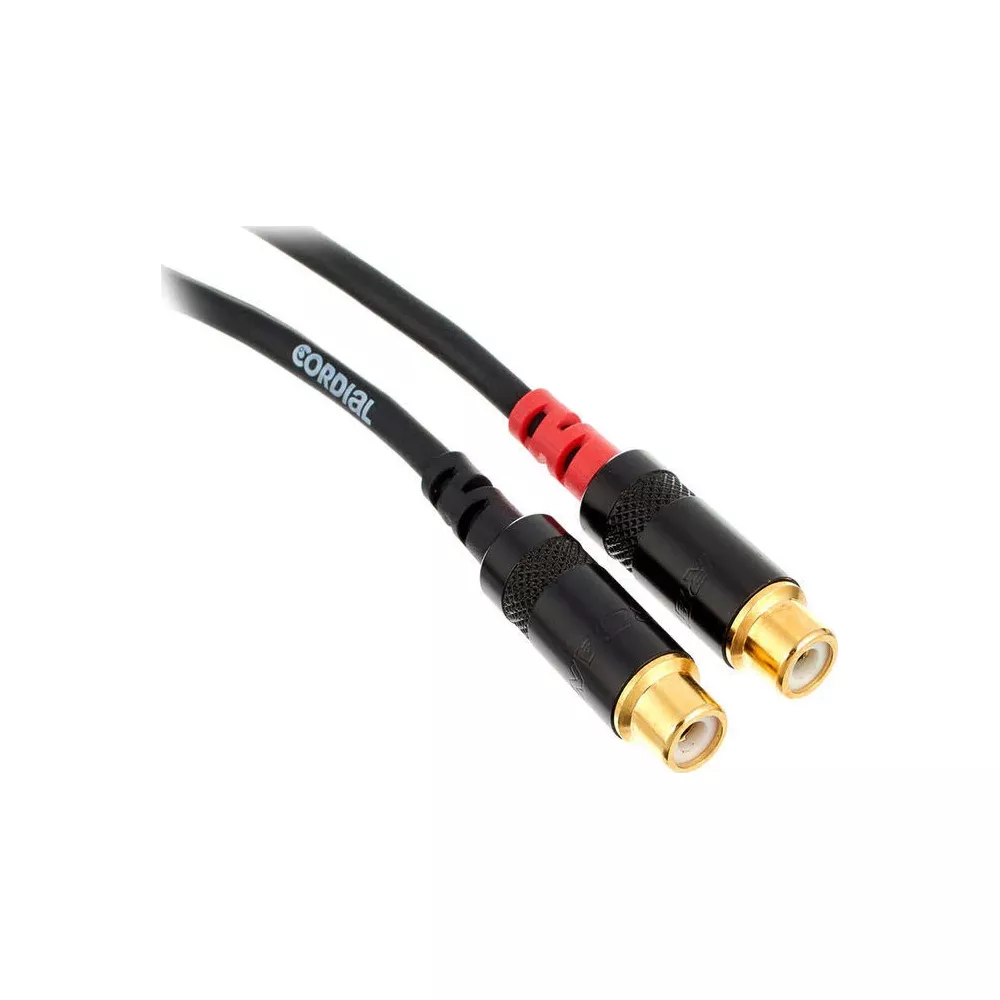 Schwarzes Audiokabel mit zwei RCA-Anschlüssen, Rot markiert.