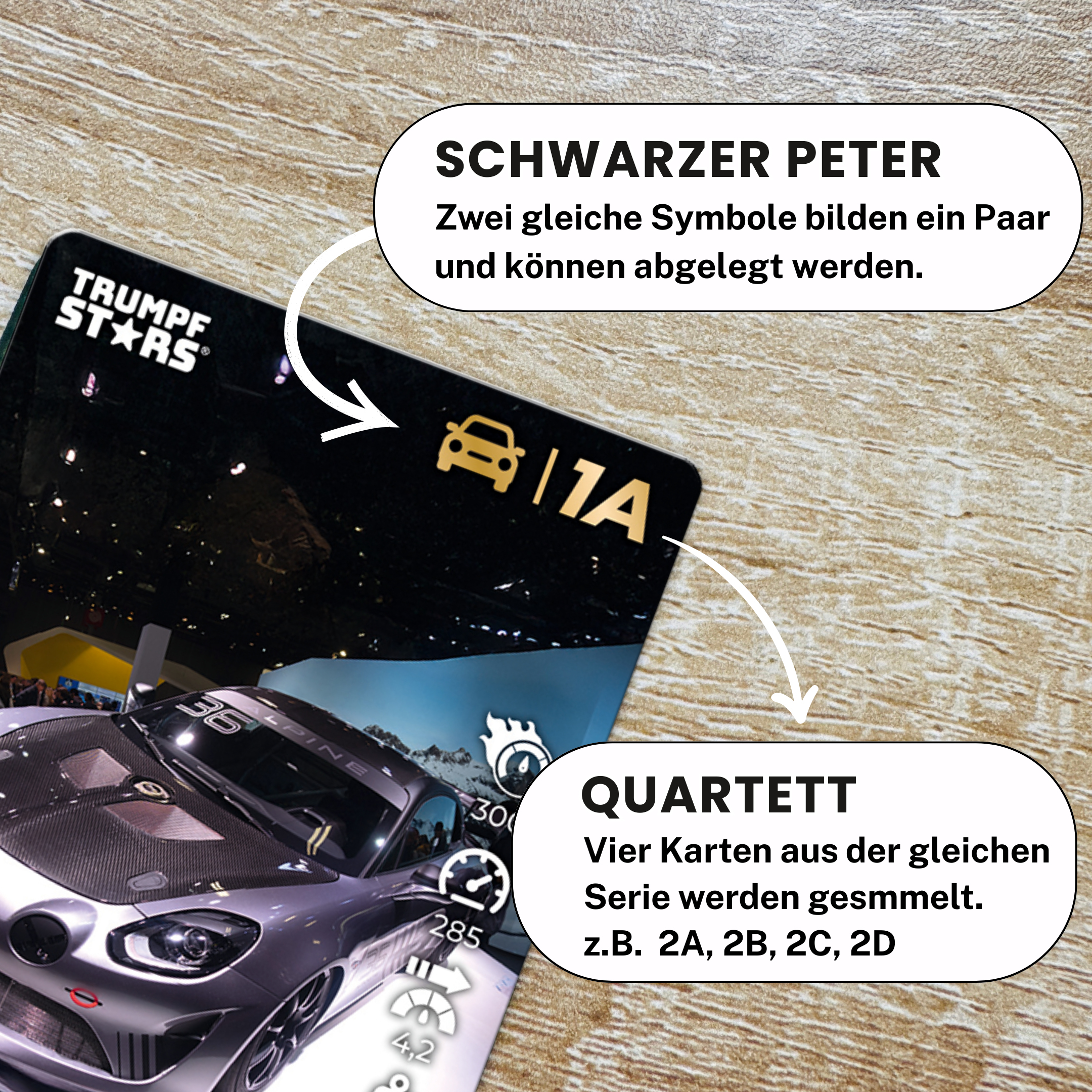 Spielkarten mit Autos und Text: Schwarzer Peter und Quartett.