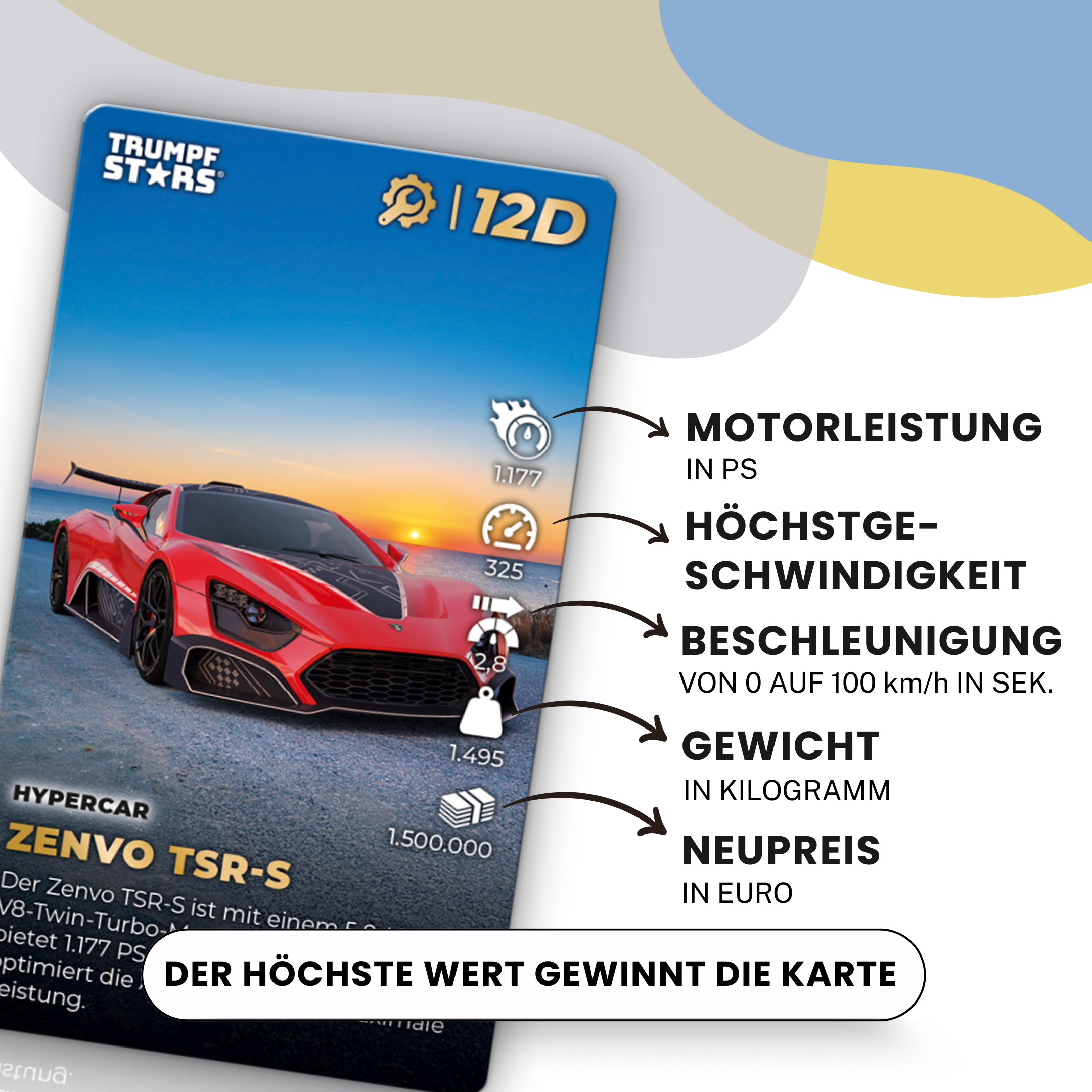 Ein roter Zenvo TSR-S Hypercar am Strand bei Sonnenuntergang, mit Leistungsdaten.
