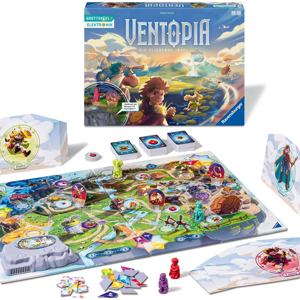 Le jeu de société Ventopia avec plateau, cartes, figurines et boîte.