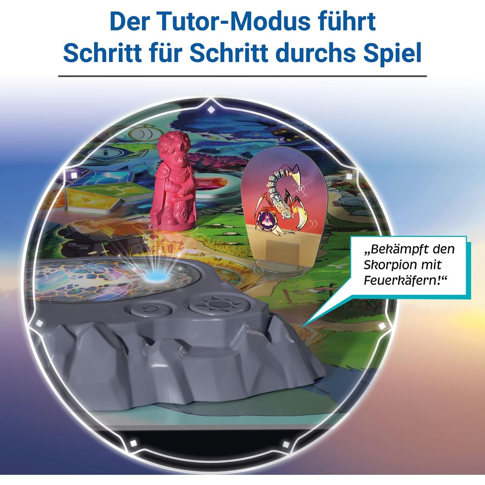Plateau de jeu avec figurines et bulle de dialogue : Combattez le scorpion avec des lucioles.