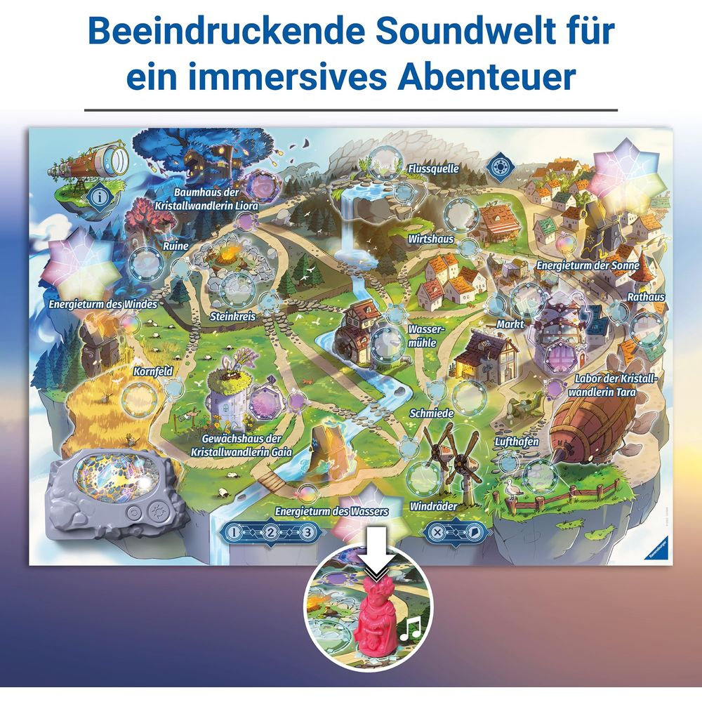 Une carte de jeu colorée avec des villages, des tours, des rivières et une cabane dans les arbres.