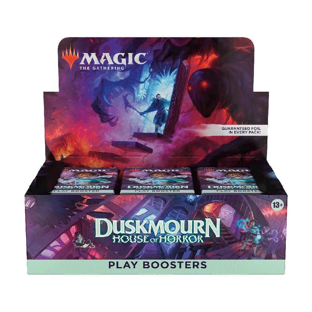 Magic The Gathering: DuskMourn House of Horror Play Booster Box. Dunkle, unheimliche Szene mit einer Figur.