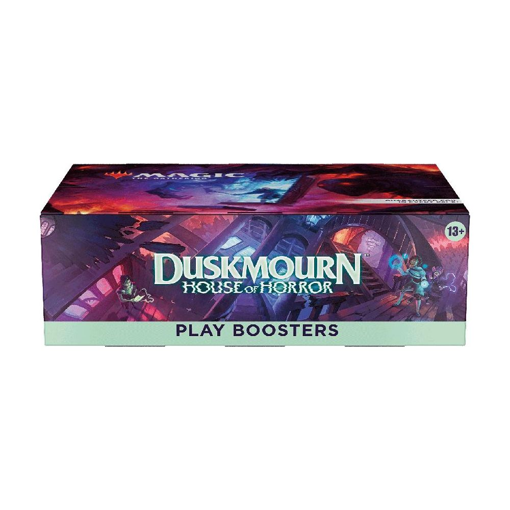 Magic: The Gathering Duskmoon House of Horror Play Boosters Box mit gruseliger Illustration.