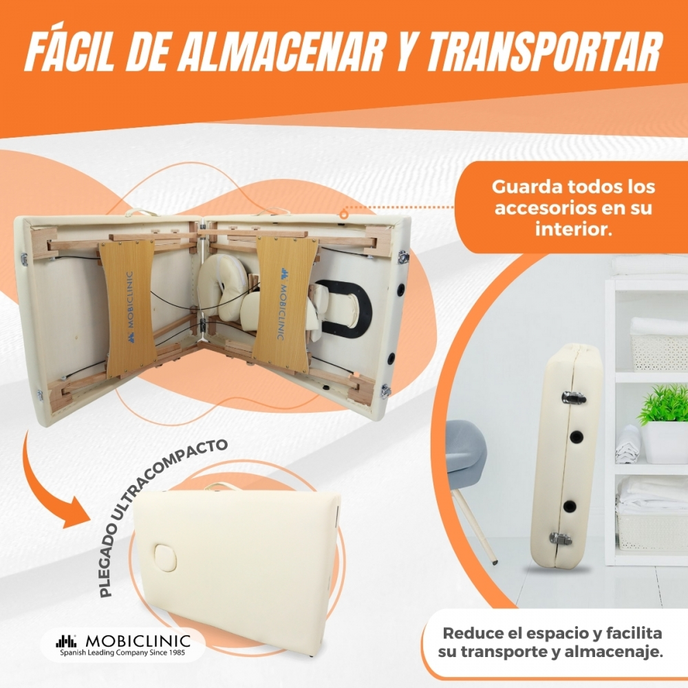 Mesa de masaje beige abierta y plegada con accesorios. Fácil de guardar y transportar.