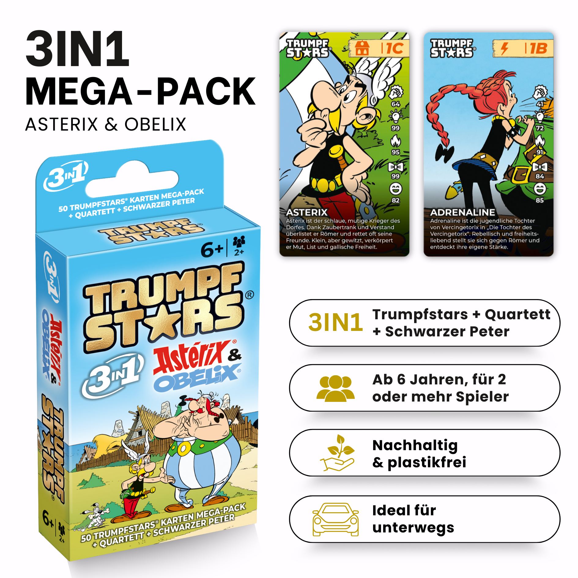 Verpackung für Asterix & Obelix Trumpfstars, Quartett & Schwarzer Peter Kartenspiel.