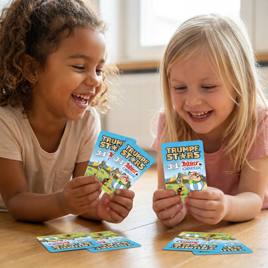 Zwei lachende Mädchen liegen auf dem Boden und spielen ein Kartenspiel mit Asterix-Motiven.